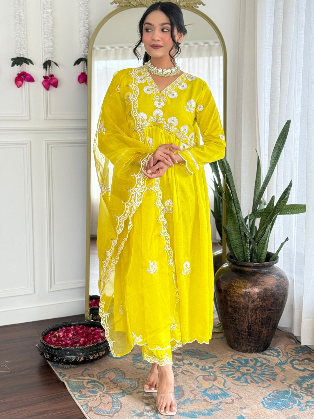Lemon Embroidered Vichitra Silk Kurta Pant Set