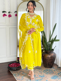Lemon Embroidered Vichitra Silk Kurta Pant Set