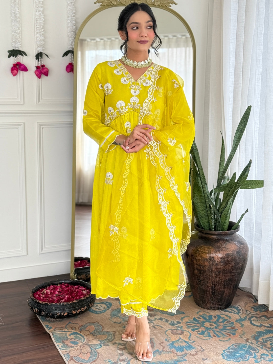 Lemon Embroidered Vichitra Silk Kurta Pant Set