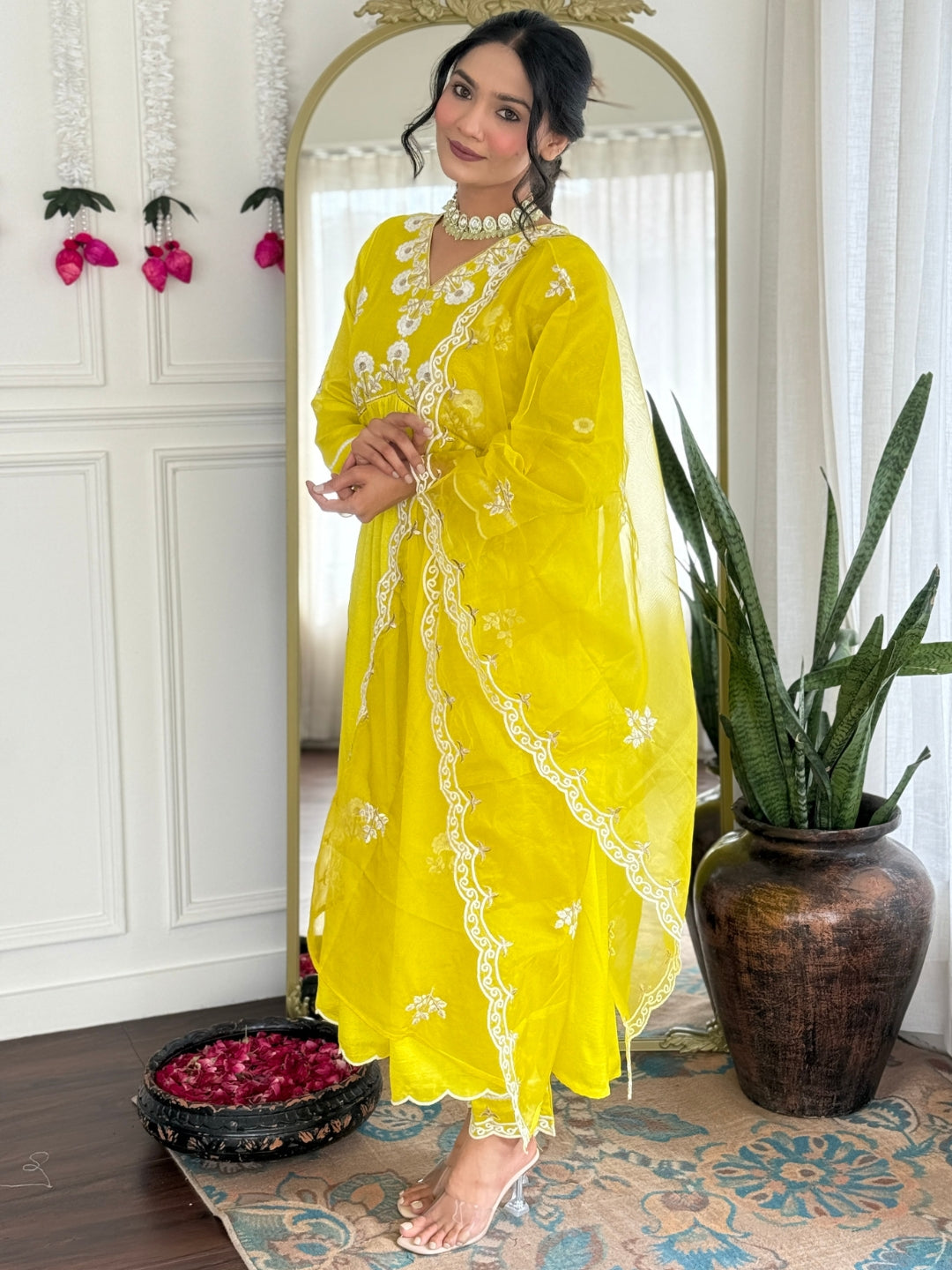 Lemon Embroidered Vichitra Silk Kurta Pant Set