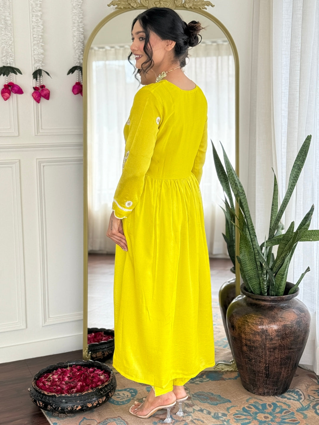 Lemon Embroidered Vichitra Silk Kurta Pant Set