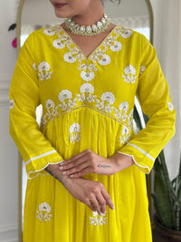 Lemon Embroidered Vichitra Silk Kurta Pant Set