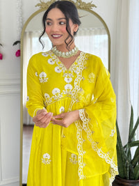 Lemon Embroidered Vichitra Silk Kurta Pant Set