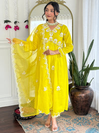 Lemon Embroidered Vichitra Silk Kurta Pant Set