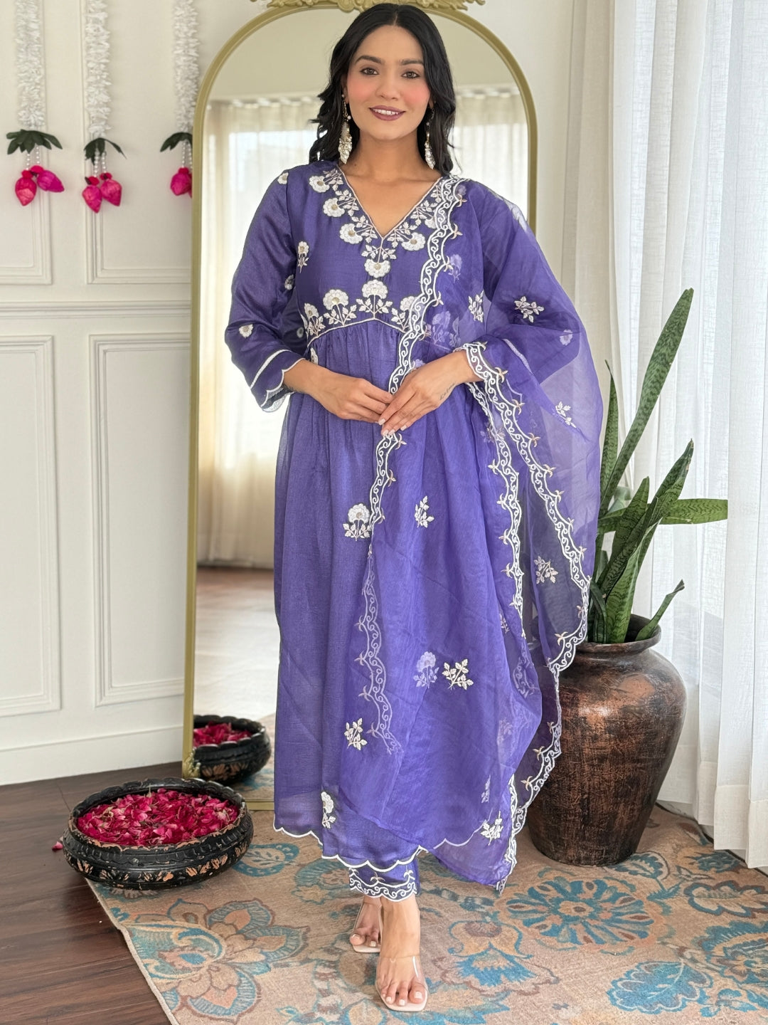 Purple Embroidered Vichitra Silk Kurta Pant Set