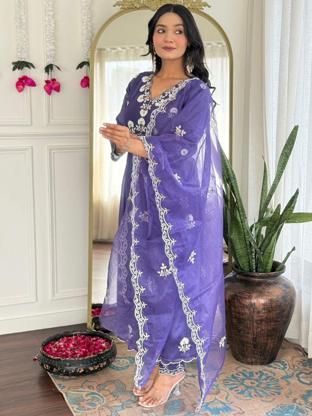 Purple Embroidered Vichitra Silk Kurta Pant Set