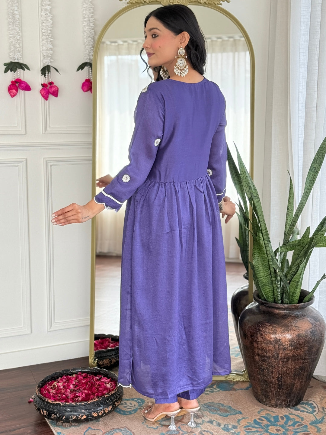 Purple Embroidered Vichitra Silk Kurta Pant Set
