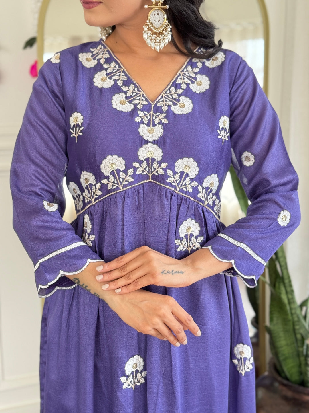 Purple Embroidered Vichitra Silk Kurta Pant Set