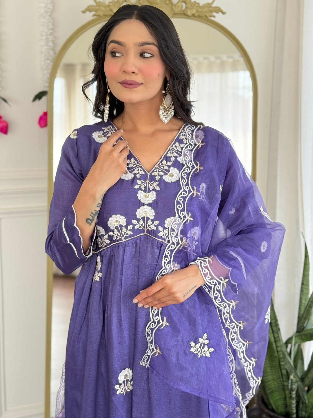 Purple Embroidered Vichitra Silk Kurta Pant Set