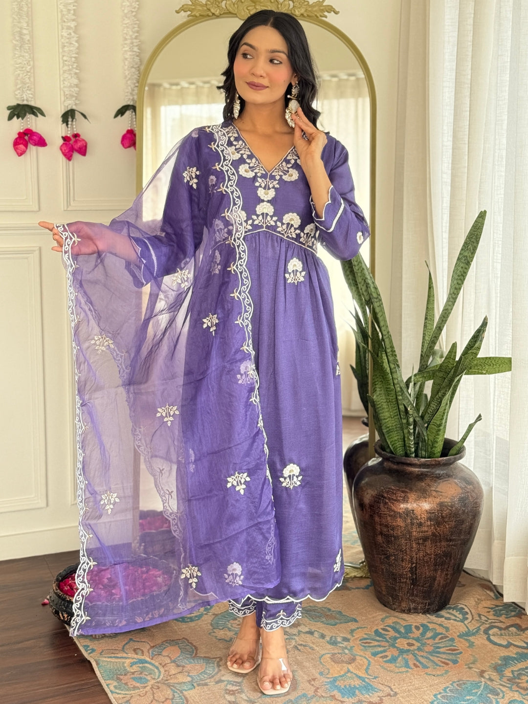 Purple Embroidered Vichitra Silk Kurta Pant Set