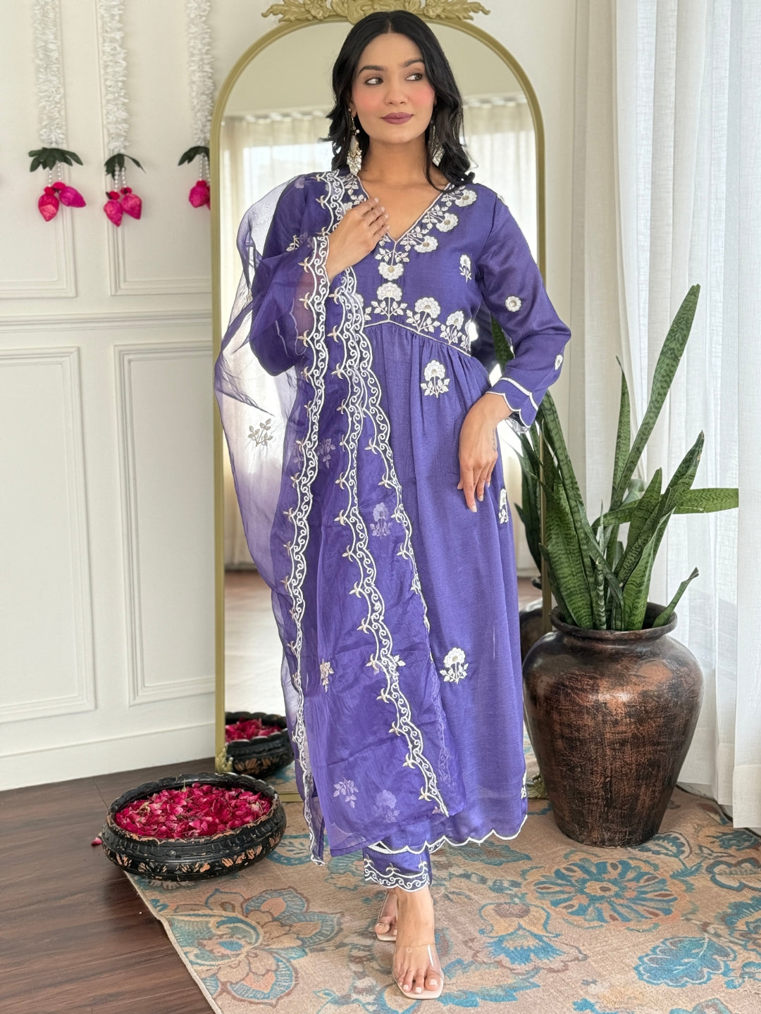 Purple Embroidered Vichitra Silk Kurta Pant Set