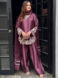 Onion Embroidered Silk Crepe Patiala Gharara Set