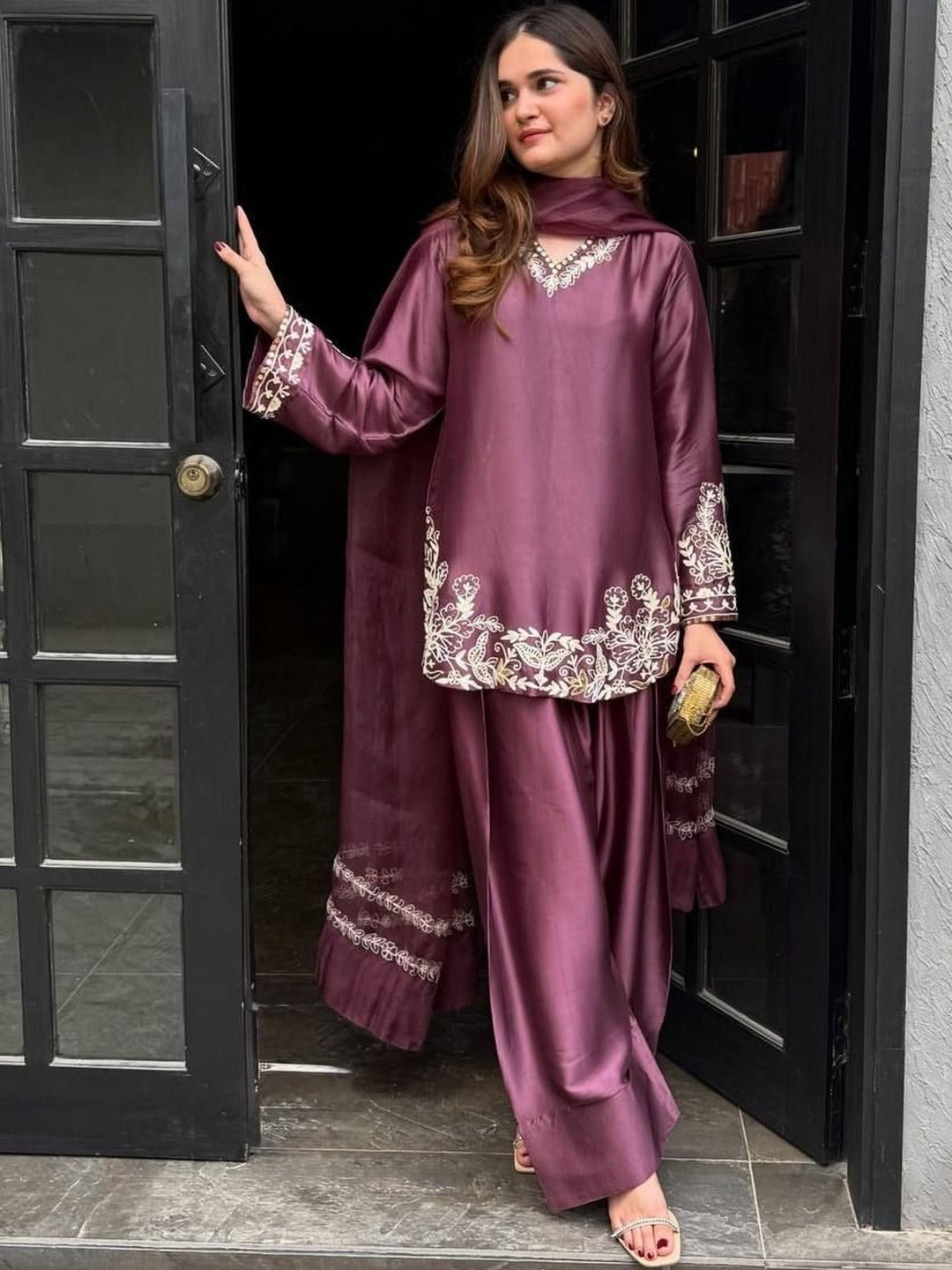 Onion Embroidered Silk Crepe Patiala Gharara Set
