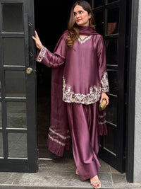 Onion Embroidered Silk Crepe Patiala Gharara Set