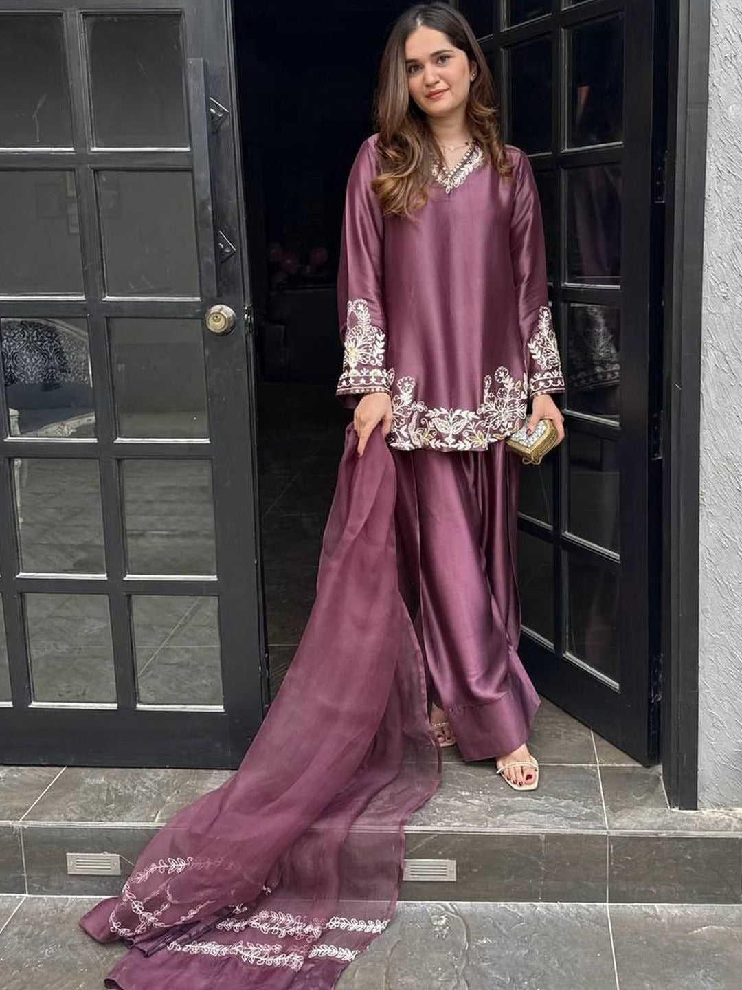 Onion Embroidered Silk Crepe Patiala Gharara Set
