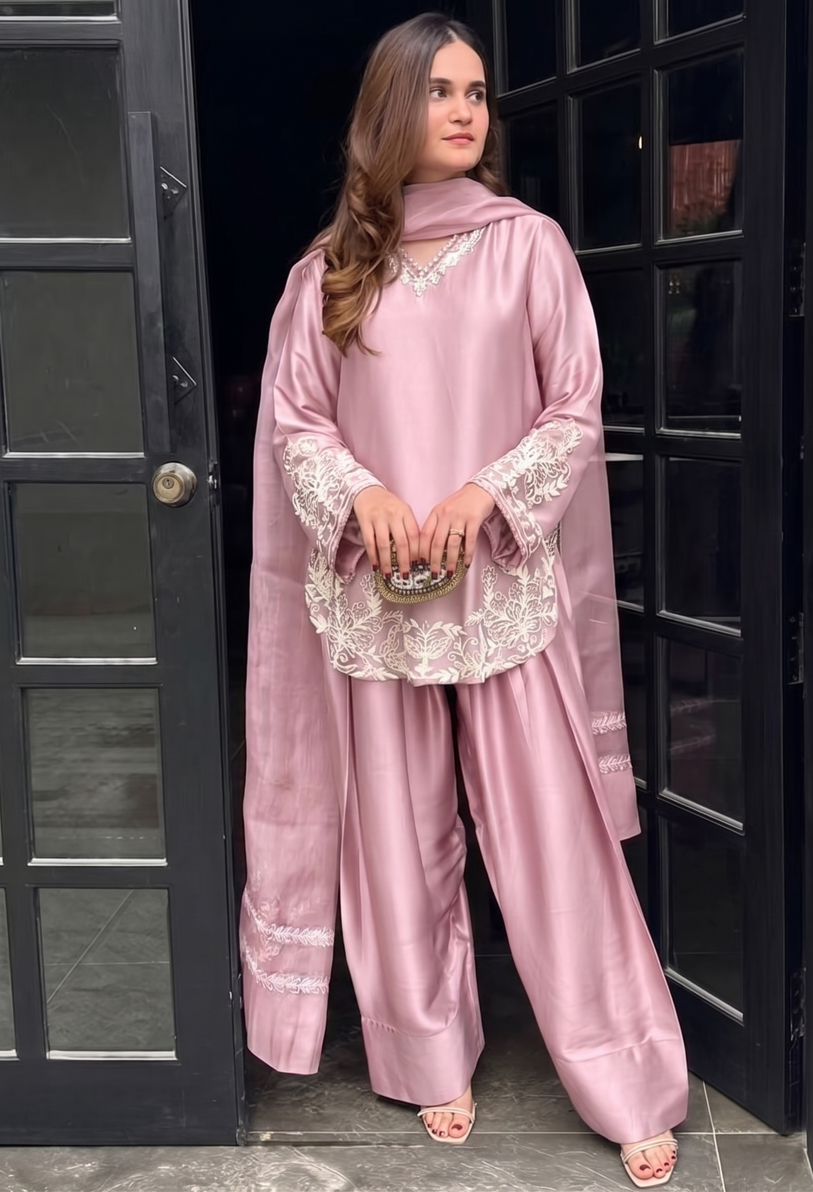 Pink Embroidered Silk Crepe Patiala Gharara Set