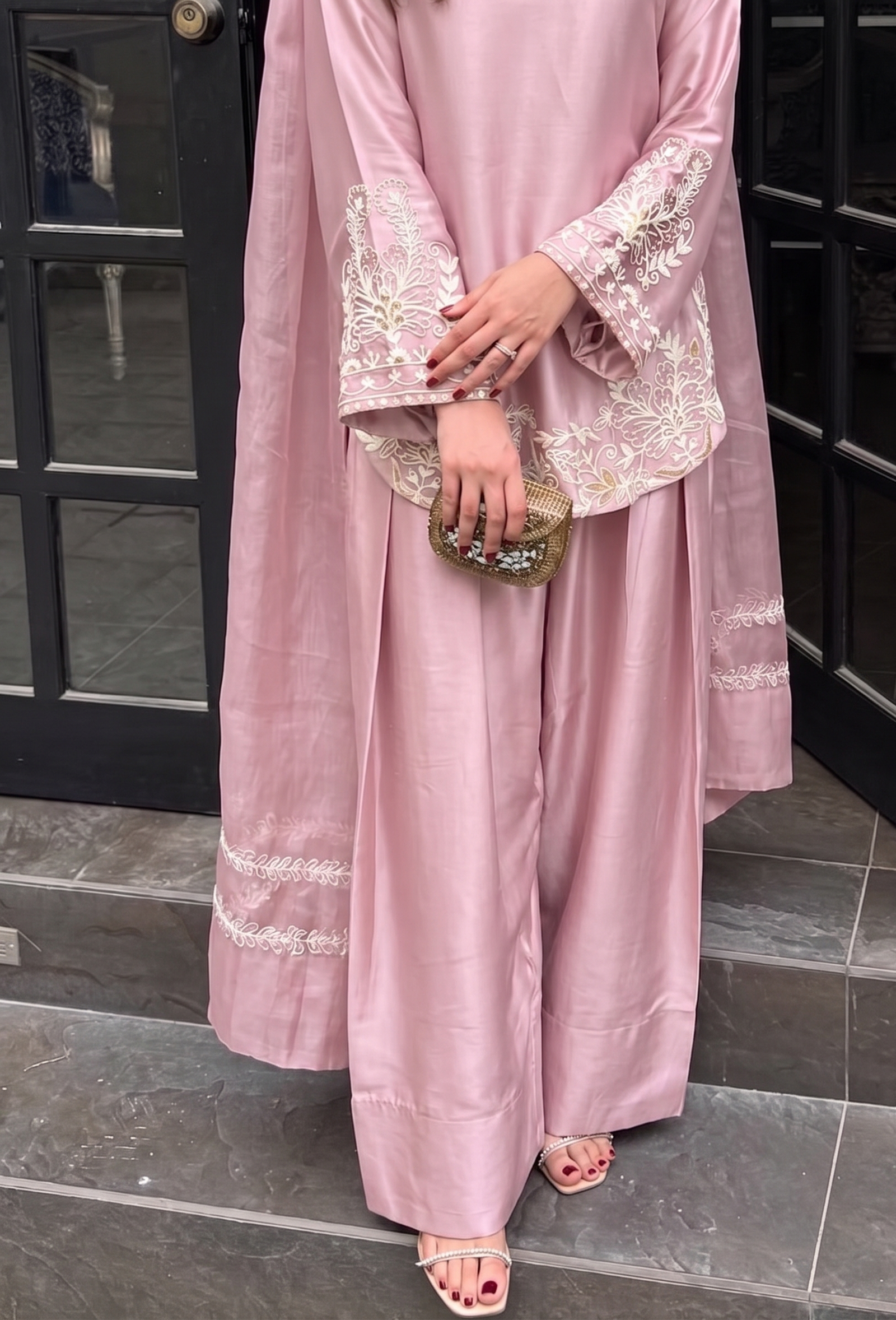 Pink Embroidered Silk Crepe Patiala Gharara Set