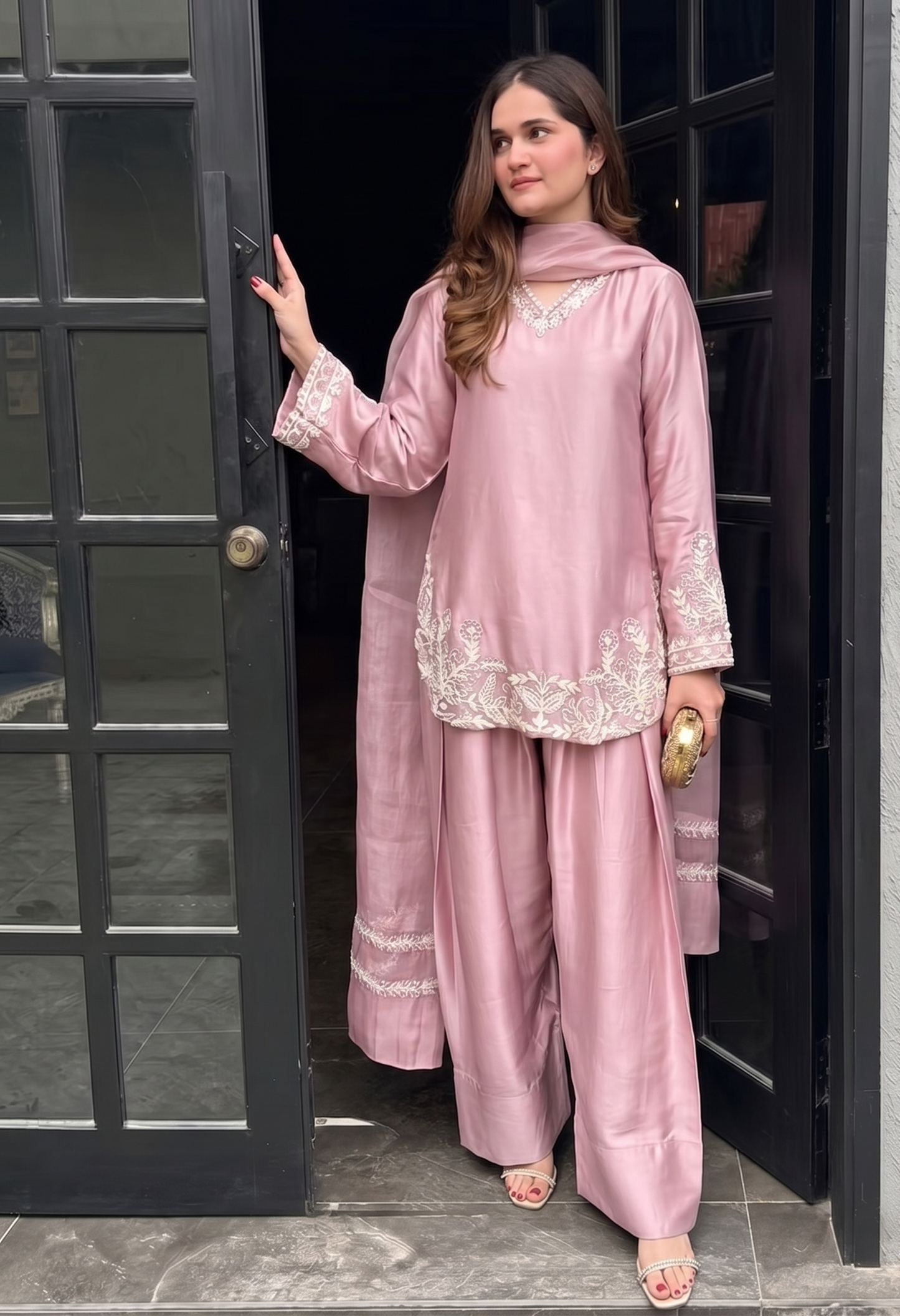Pink Embroidered Silk Crepe Patiala Gharara Set