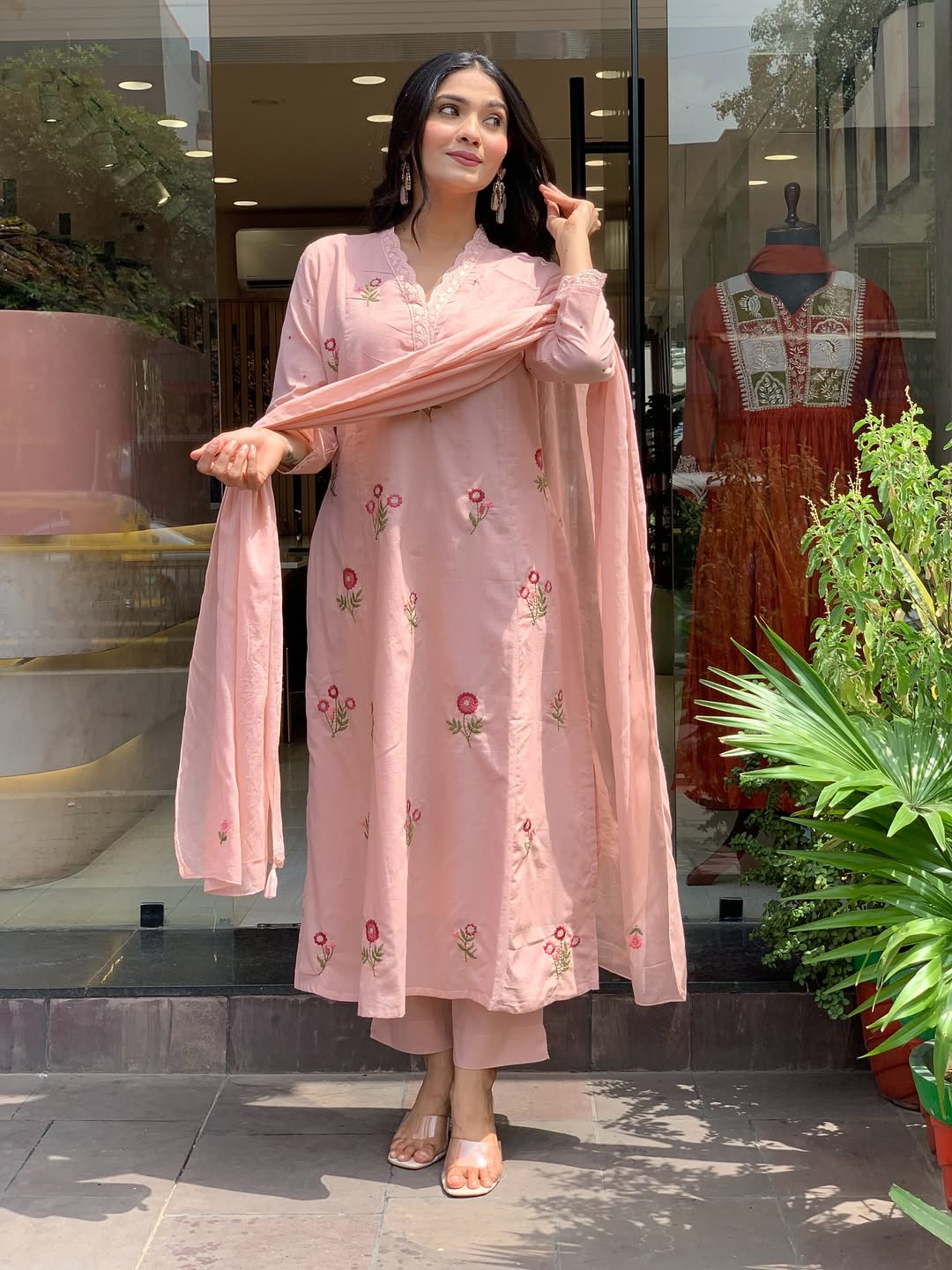 Peach P.V. Chanderi Embroidered Kurti Set