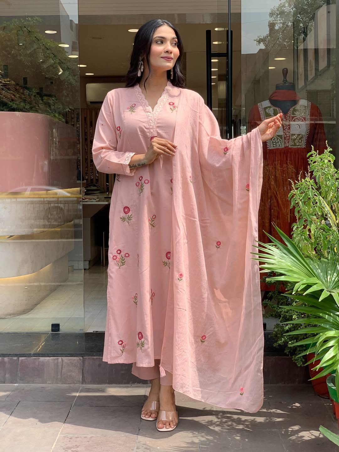 Peach P.V. Chanderi Embroidered Kurti Set