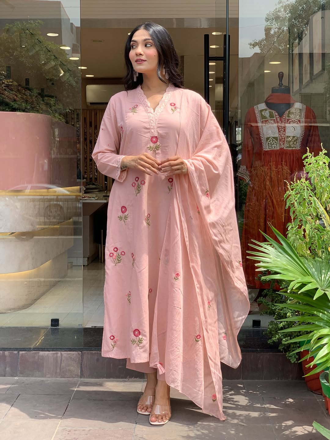 Peach P.V. Chanderi Embroidered Kurti Set