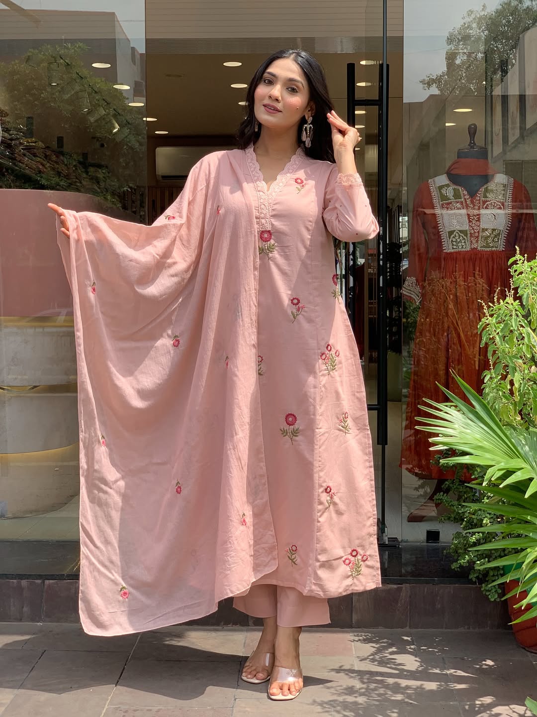 Peach P.V. Chanderi Embroidered Kurti Set