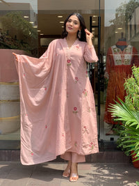 Peach P.V. Chanderi Embroidered Kurti Set