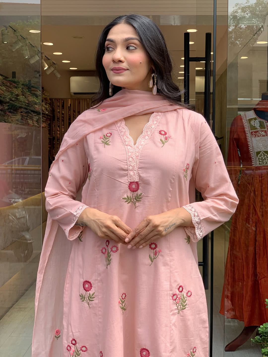 Peach P.V. Chanderi Embroidered Kurti Set
