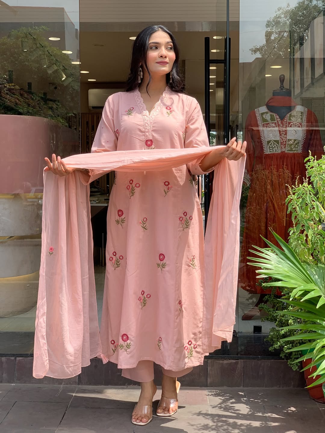 Peach P.V. Chanderi Embroidered Kurti Set