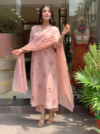 Peach P.V. Chanderi Embroidered Kurti Set