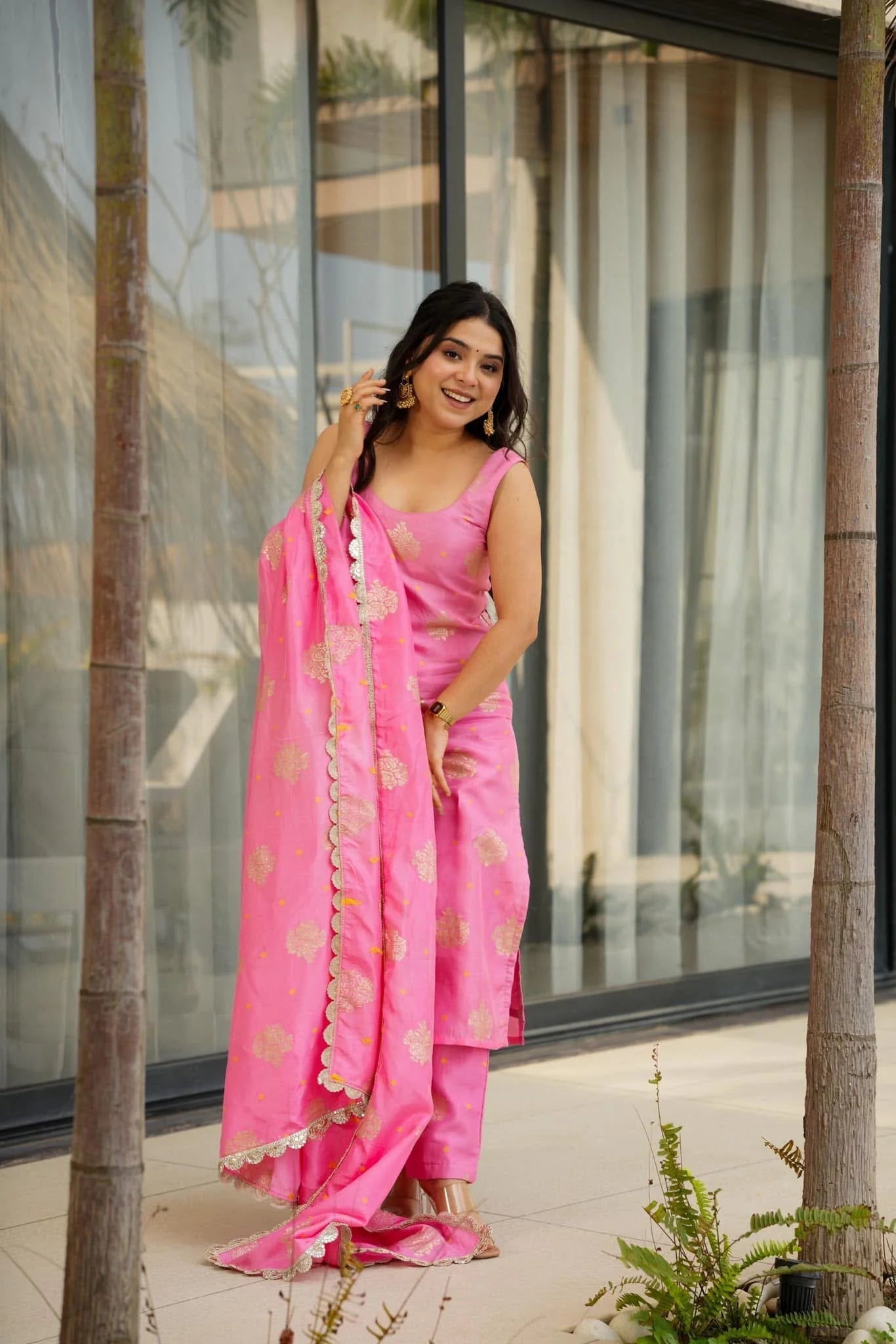 Pink Aura Chanderi Jacquard Suit Set