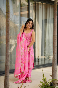 Pink Aura Chanderi Jacquard Suit Set