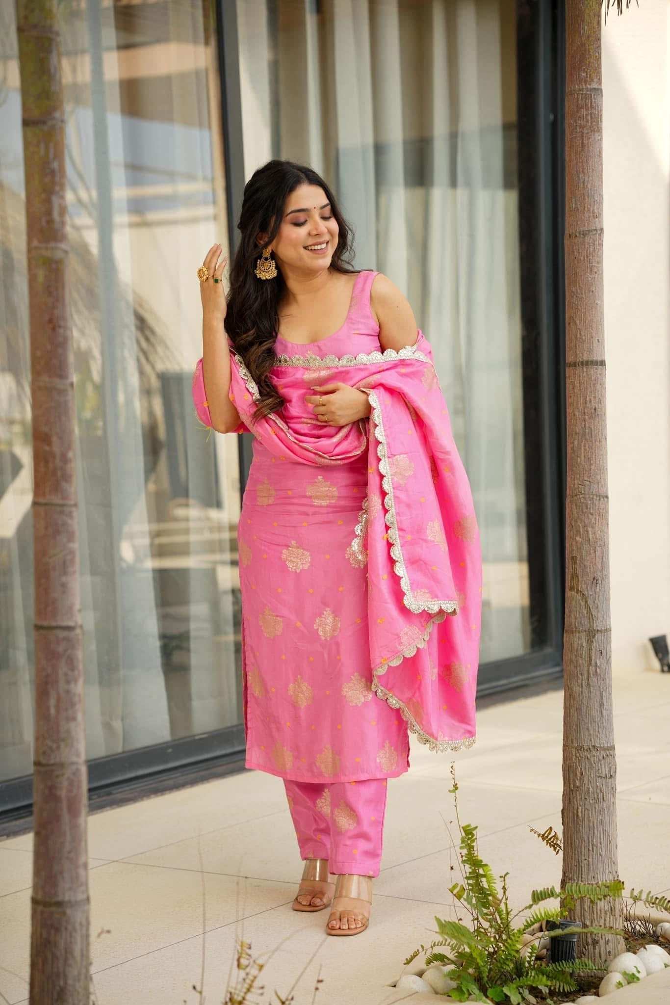 Pink Aura Chanderi Jacquard Suit Set