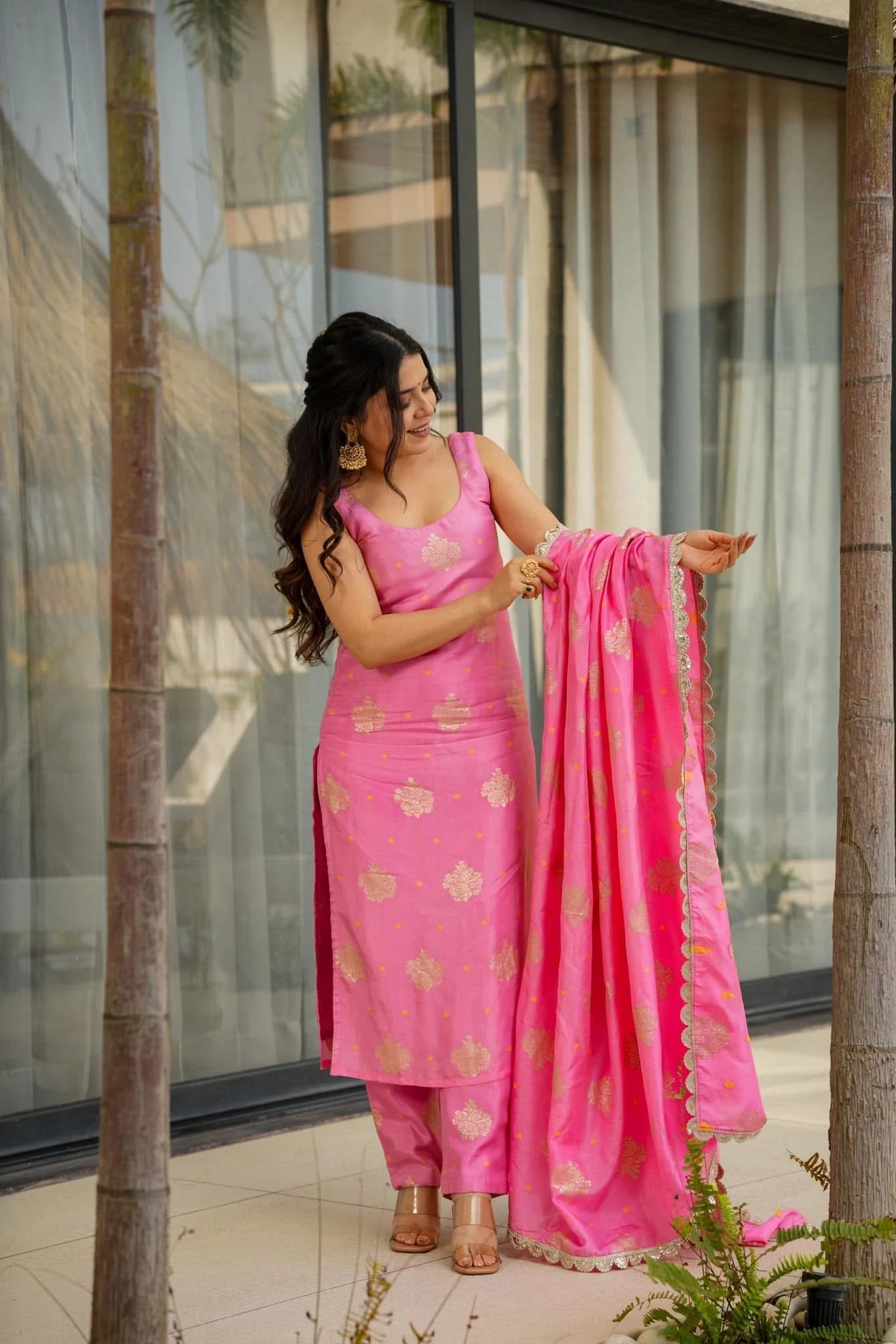 Pink Aura Chanderi Jacquard Suit Set