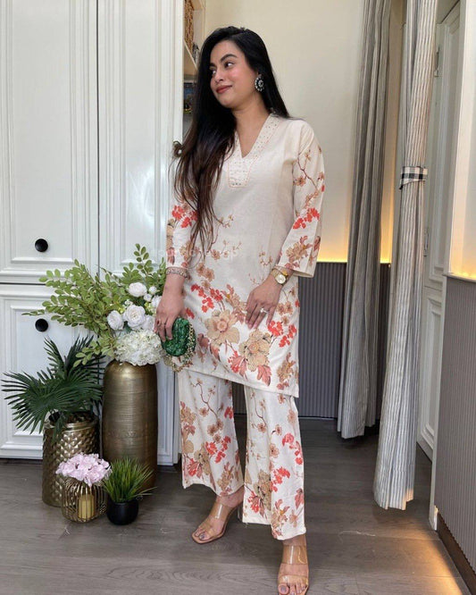 Cream Cotton Orange Floral Co-ord Set