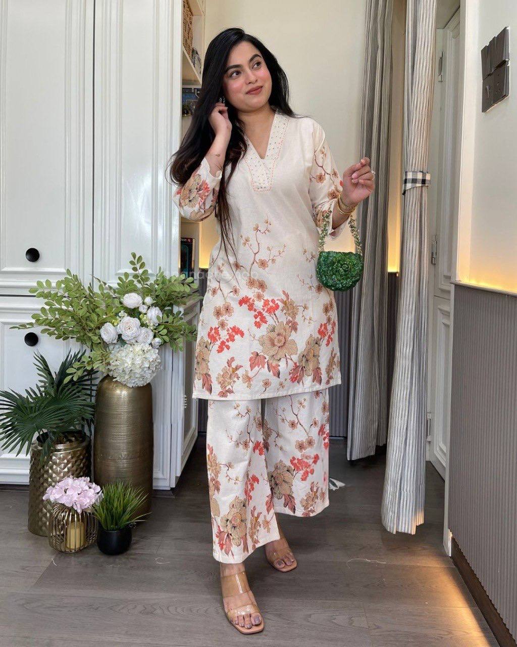 Cream Cotton Orange Floral Co-ord Set