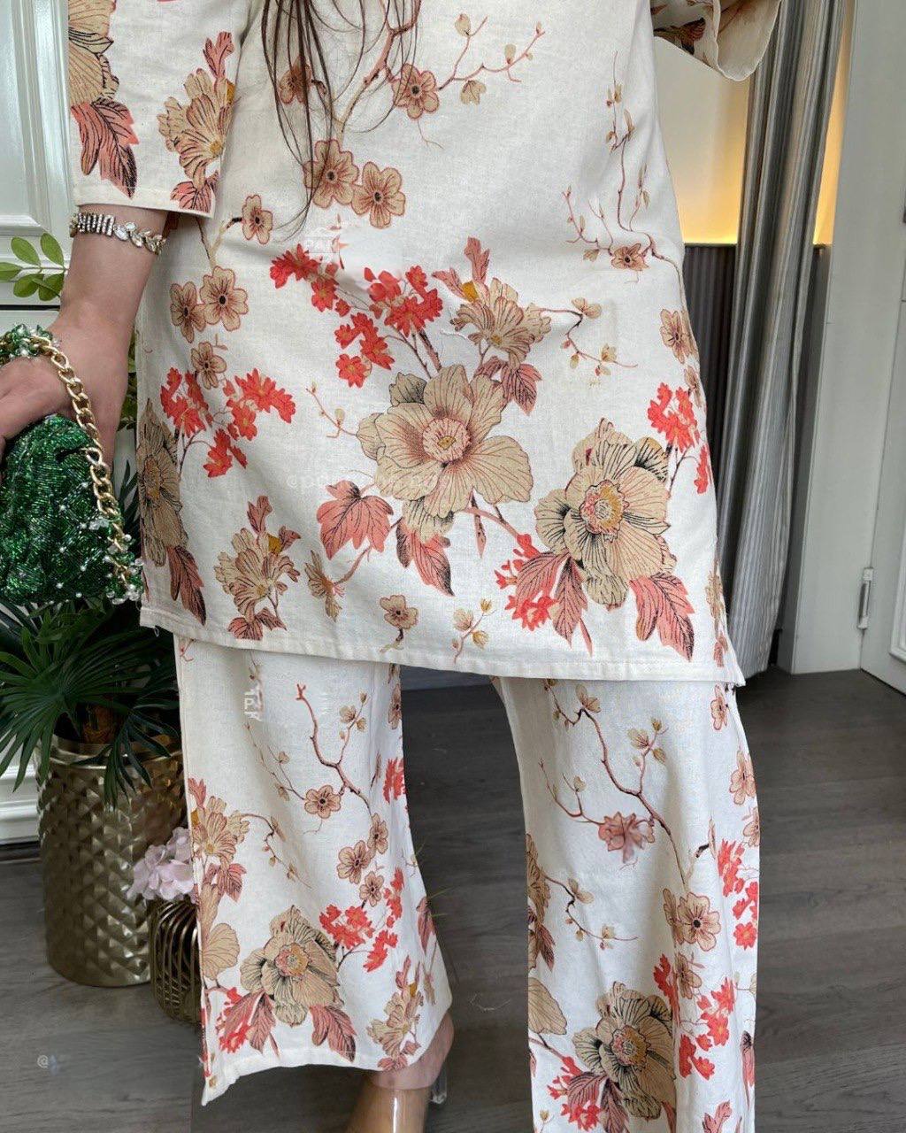 Cream Cotton Orange Floral Co-ord Set