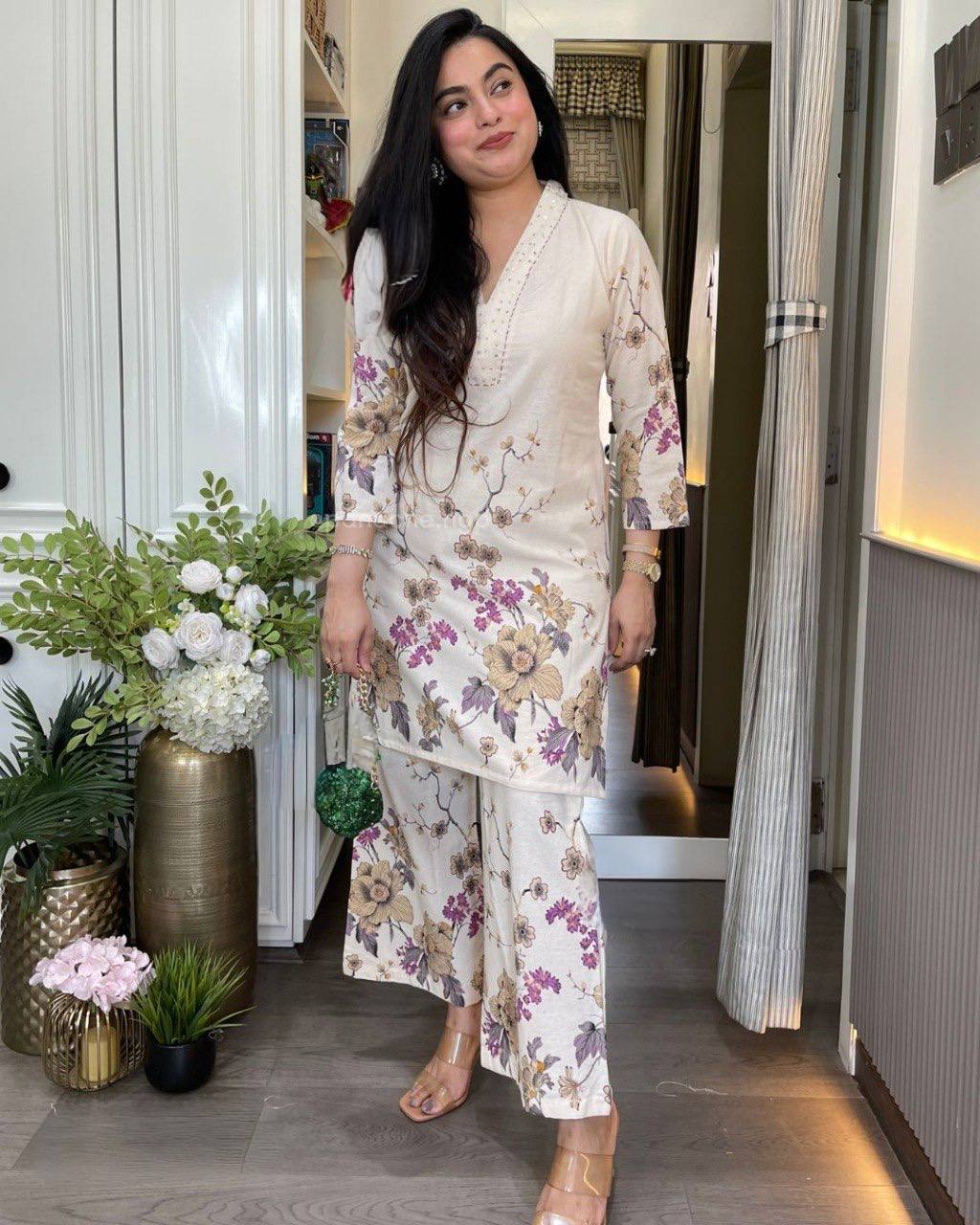 Cream Cotton Purple Floral Co-ord Set
