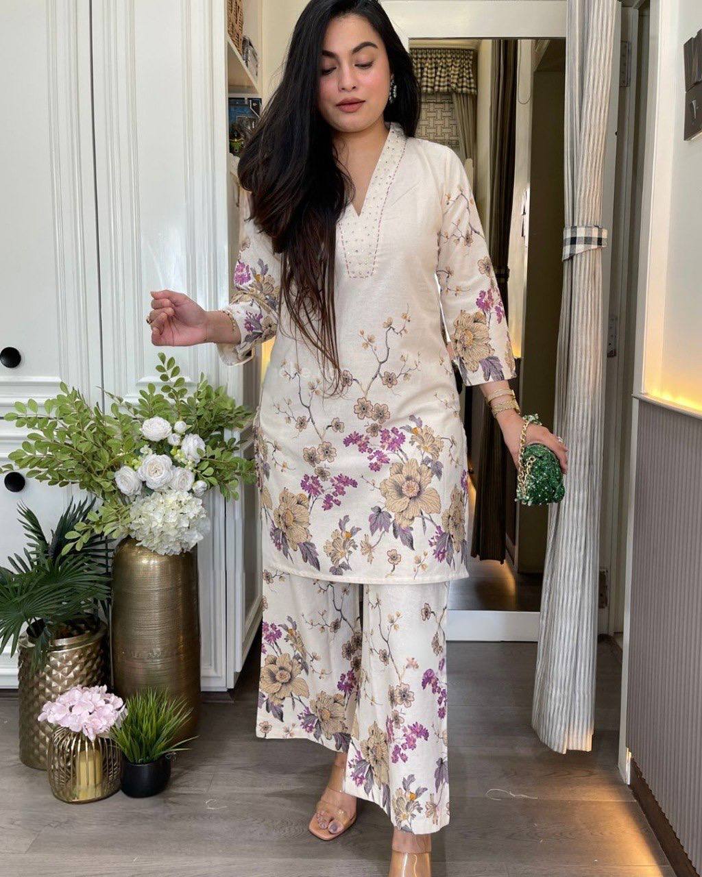 Cream Cotton Purple Floral Co-ord Set