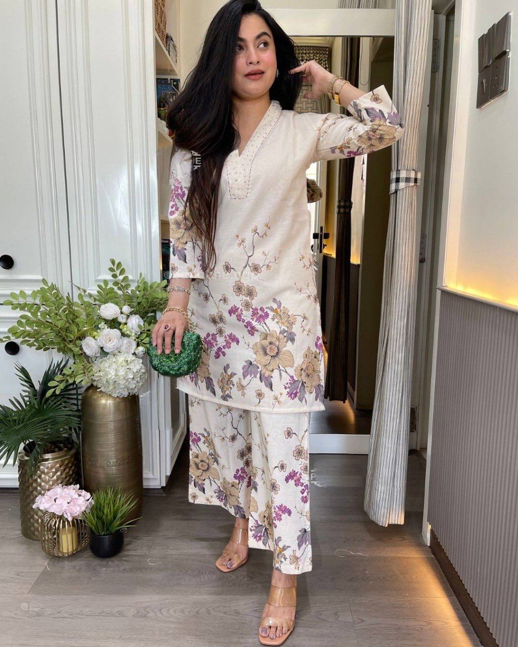 Cream Cotton Purple Floral Co-ord Set