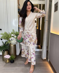 Cream Cotton Purple Floral Co-ord Set