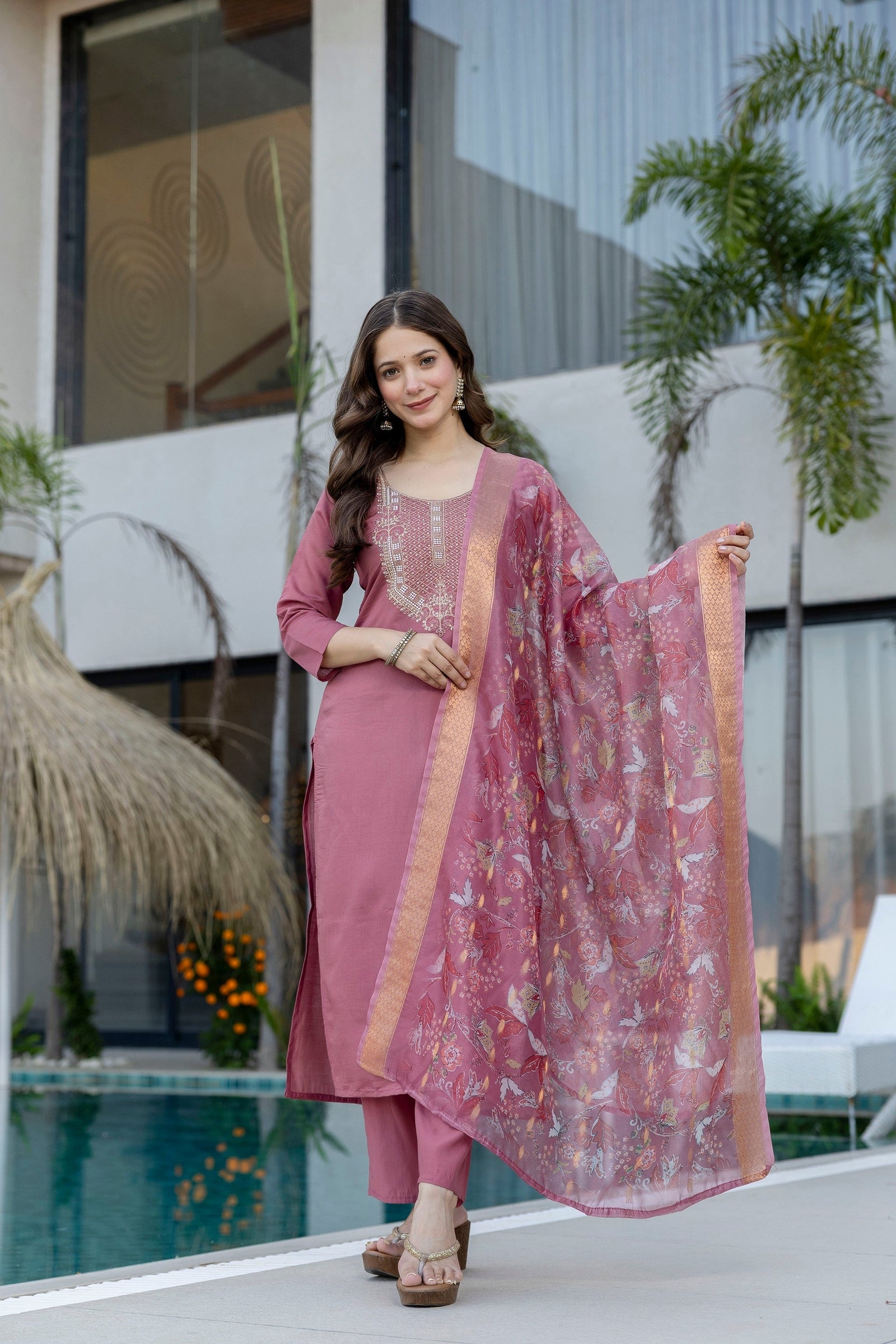 Peach Embroidered Viscose Chanderi Kurta Set