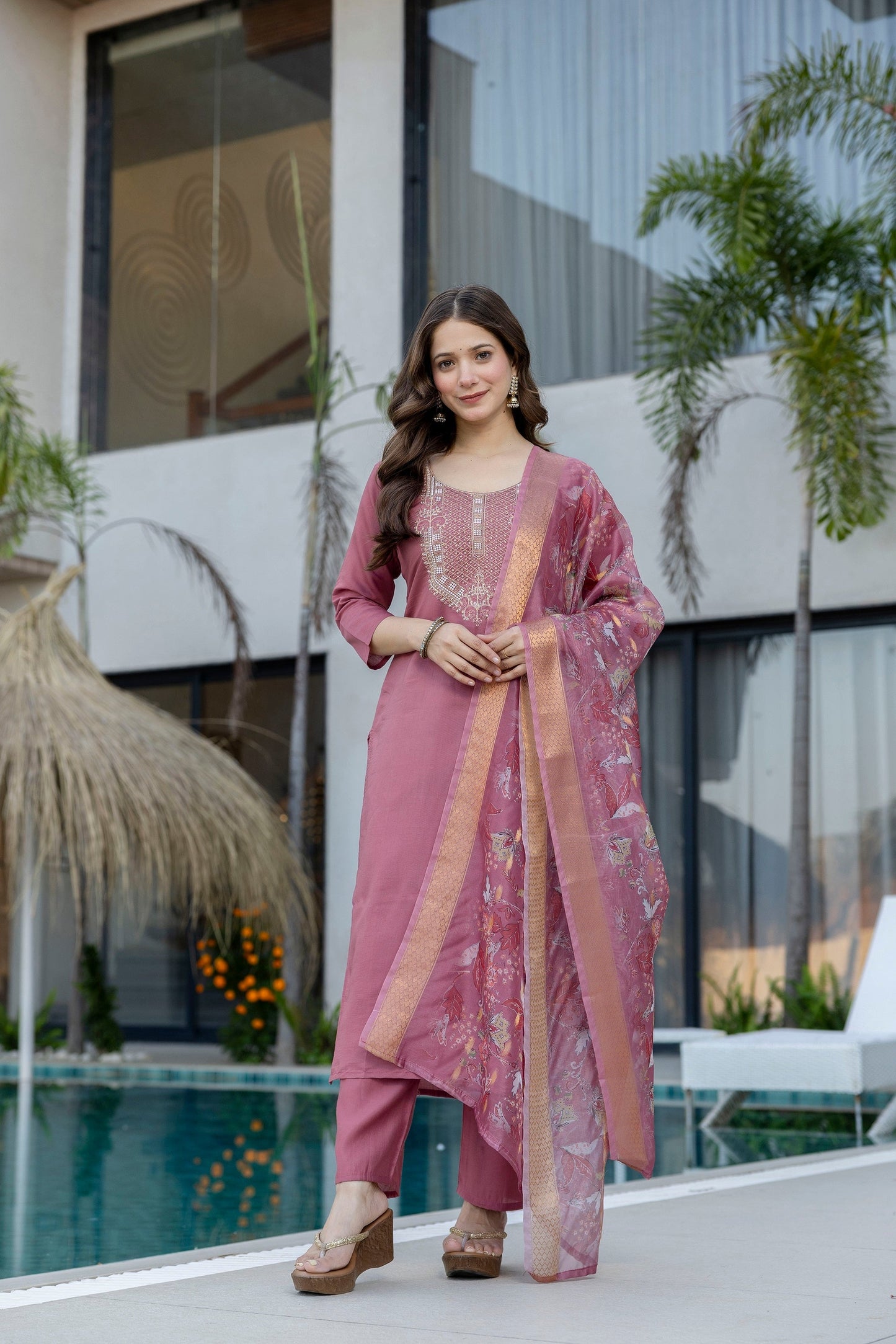 Peach Embroidered Viscose Chanderi Kurta Set