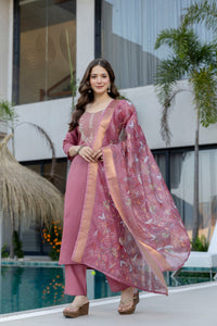 Peach Embroidered Viscose Chanderi Kurta Set