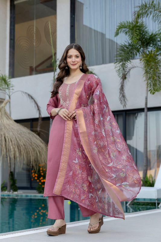 Peach Embroidered Viscose Chanderi Kurta Set
