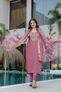 Peach Embroidered Viscose Chanderi Kurta Set