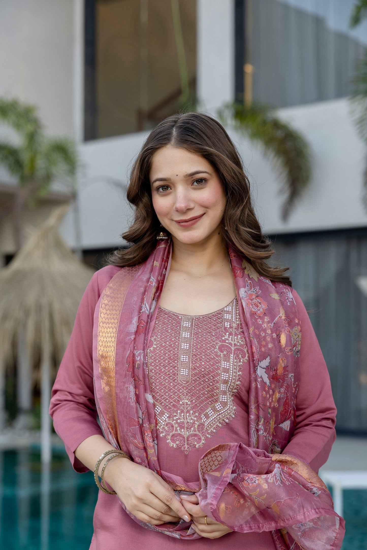 Peach Embroidered Viscose Chanderi Kurta Set