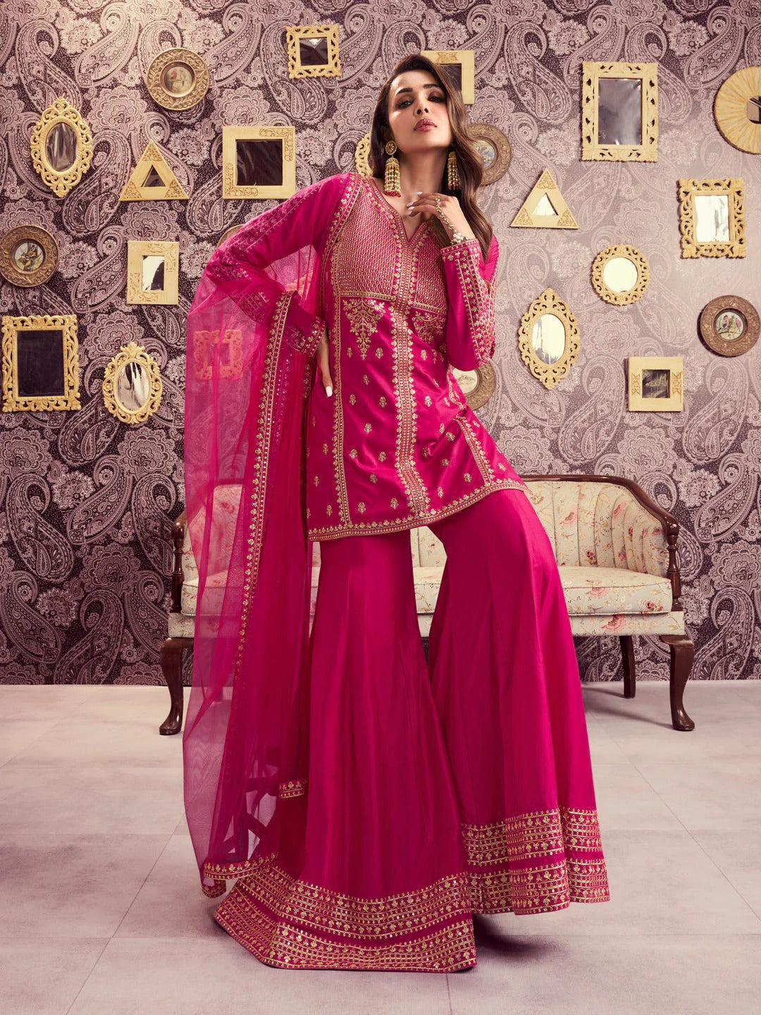 Pink Embroidered Chanderi Silk Palazzo Set
