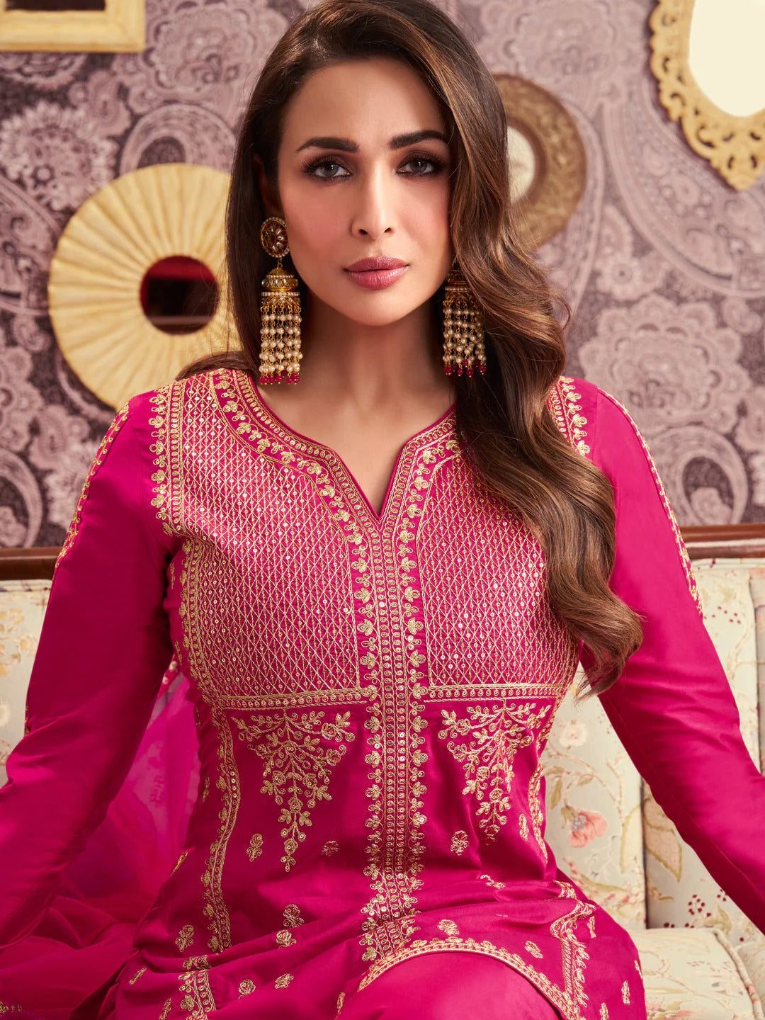 Pink Embroidered Chanderi Silk Palazzo Set