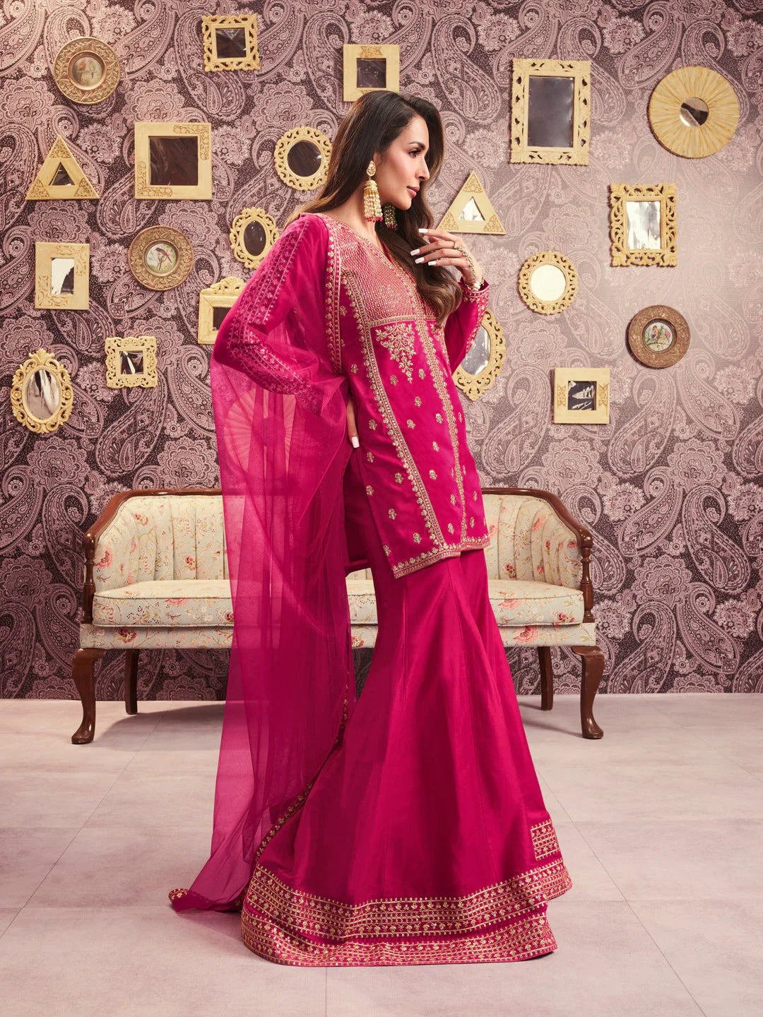 Pink Embroidered Chanderi Silk Palazzo Set